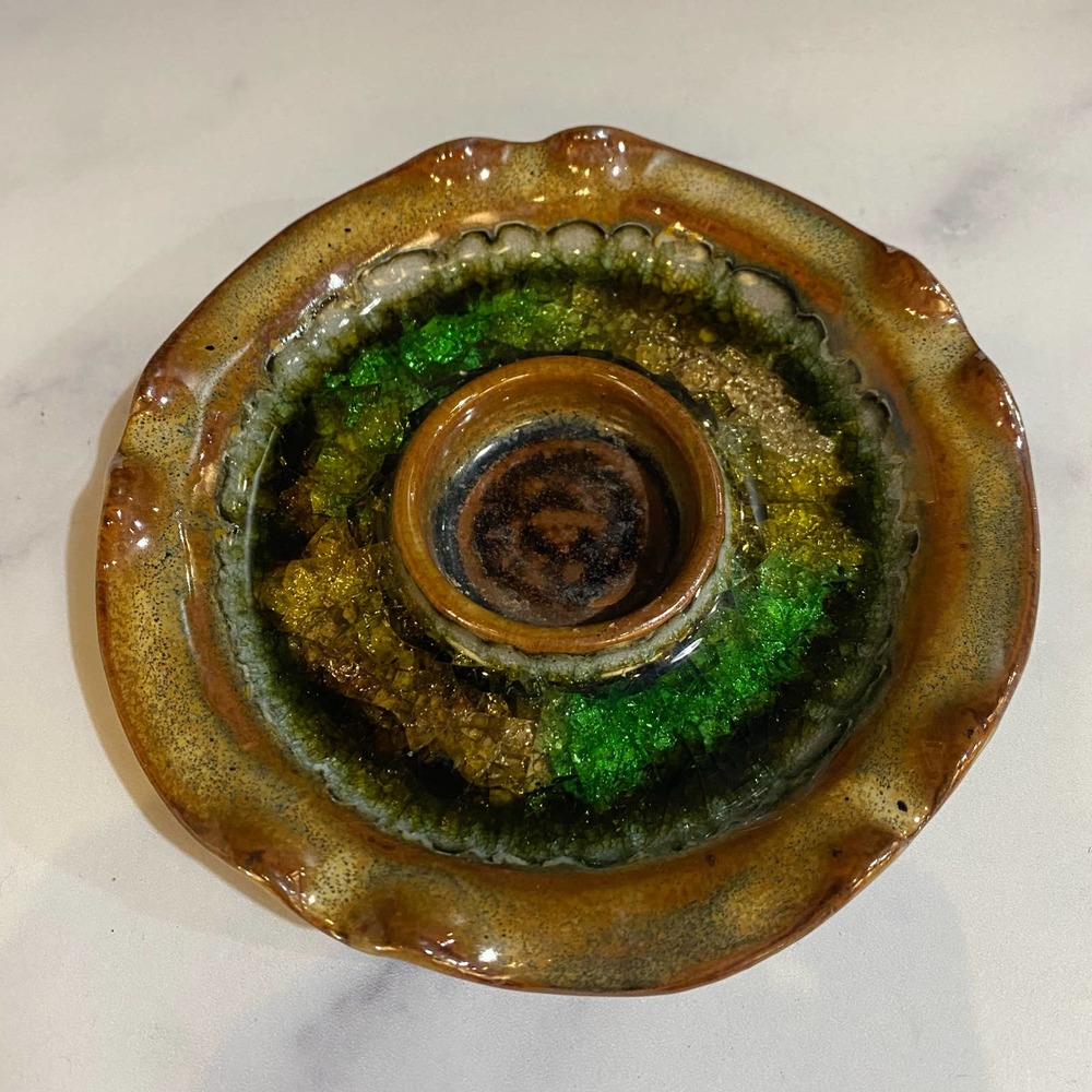 DTE signed stoneware pottery candle holder/ashtray/trinket dish